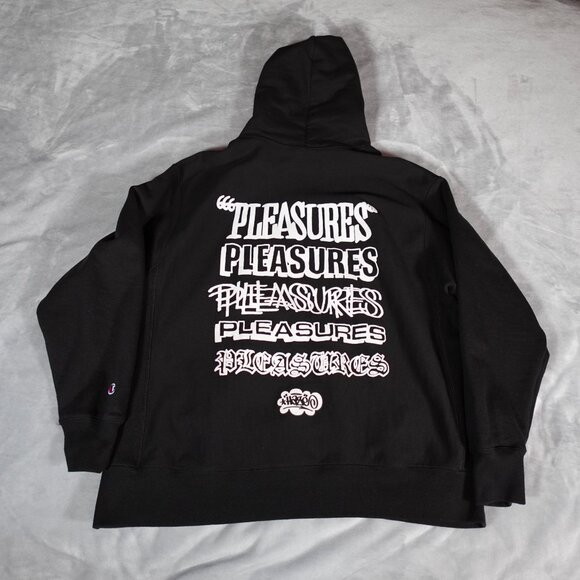 Pleasures X Eric Haze Hoodie Mens XL Champion Reverse Weave Black - Picture 1 of 8